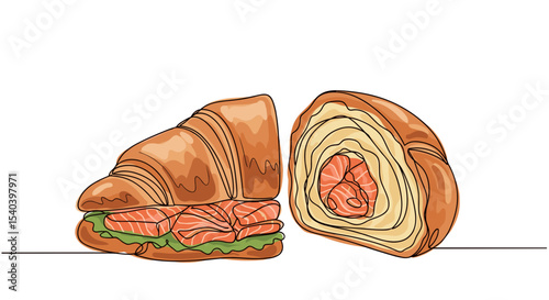 Croissant with salmon one line doodle drawing with watercolor fill, minimalistic vector illustration on white background


