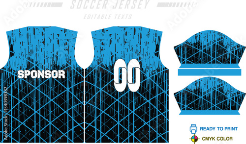 Sport jersey design template with grunge line halftone pattern background. Sport uniform in front & back view. Shirt mock up for sport club.