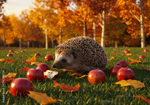 Hedgehog in Autumnal Setting: 3D Render