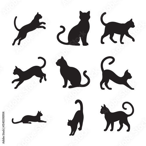 Set of black cat vector silhouettes depicting different feline postures like sitting, standing, leaping, and playful stretching. Perfect for animal-related graphics, web design