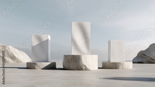 Minimalist podiums against a light, hazy backdrop photo