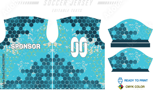 Sport jersey design template with grunge line halftone pattern background. Sport uniform in front & back view. Shirt mock up for sport club.
