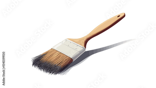 Close-up studio shot of a paintbrush isolated on a white background. The paintbrush has a wooden handle and natural bristles.  The image is digitally rendered and has a slight shadow cast beneath
