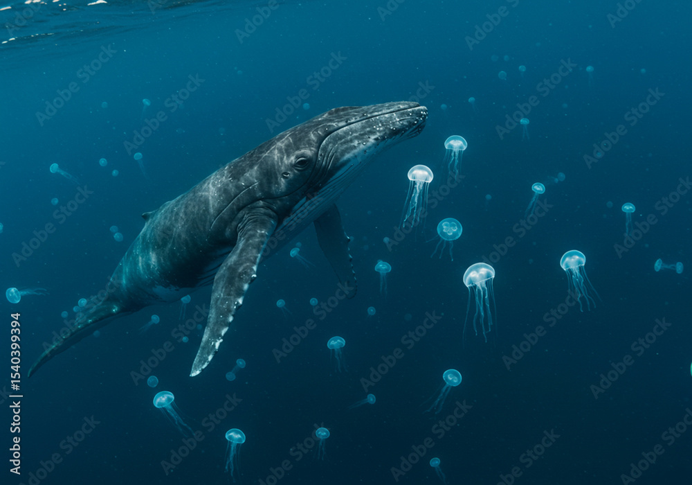Fototapeta premium Humpback Whale and Jellyfish Underwater Photo