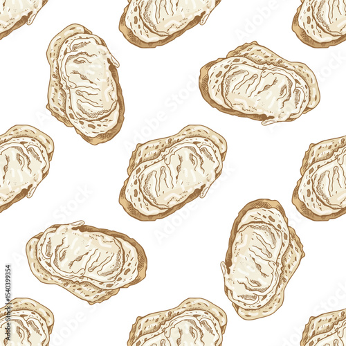 Hand drawn vintage seamless pattern of buttered toast with creamy spread, beige color, isolated vector illustration