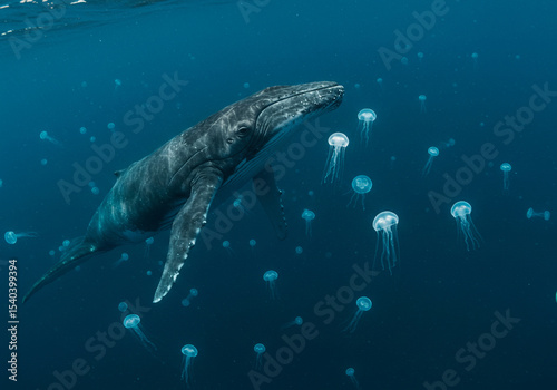 Humpback Whale and Jellyfish Underwater Photo