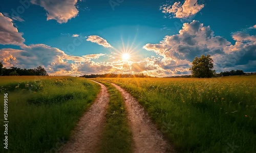 Dirt Path Through a Vibrant Yellow Flower Field Under a Bright Sunny Blue Sky with Cloudscape Landscape
