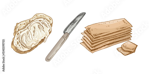 Hand drawn vintage sketch of buttered toast, spreading knife and sliced bread in color, isolated vector illustration
