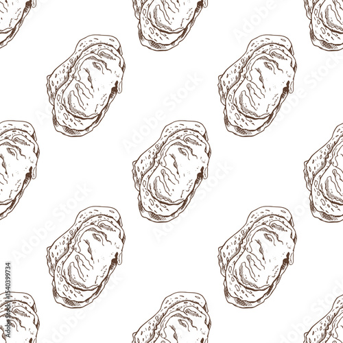 Hand drawn vintage seamless pattern of buttered toast with creamy spread in monochrome brown, isolated vector sketch
