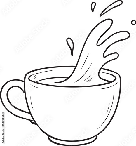 Monochrome Illustration of a Cup with Liquid Splashing Outward Isolated on a White Background Simple Design