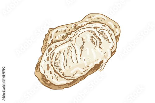 Hand drawn vintage sketch of slice of bread with butter in color, isolated food illustration on white background