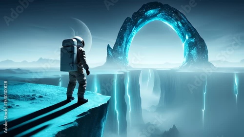 Wallpaper Mural A lone astronaut standing on the rim of a glowing turquoise canyon, Futuristic Sci-Fi Landscape Torontodigital.ca