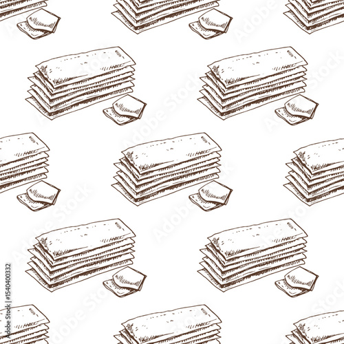 Hand drawn vintage seamless pattern of crackers with butter in monochrome sketch style, isolated food illustration
