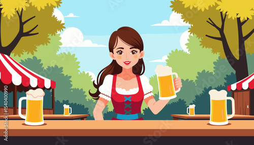 Young woman serving beer at outdoor festival in autumn landscape  