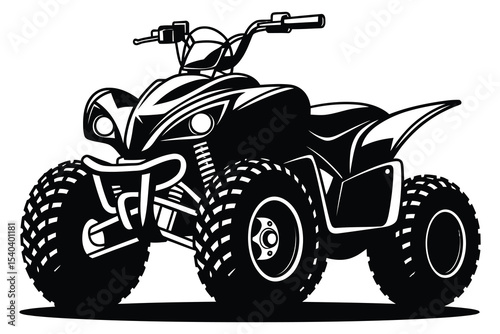 A powerful, stylized, black and white silhouette of an all-terrain vehicle (ATV).