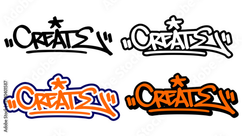 Graffiti tag vector of the word “CREATE” in bold street style with orange, black, and white. Includes 4 visual variations. Perfect for hip hop artwork, print design, and sticker use.