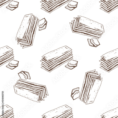 Hand drawn vintage seamless pattern of crackers with butter in monochrome sketch style, isolated food illustration