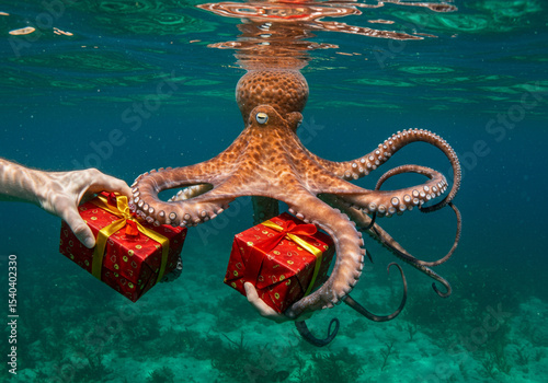 Octopus Delivering Gifts Underwater Photo