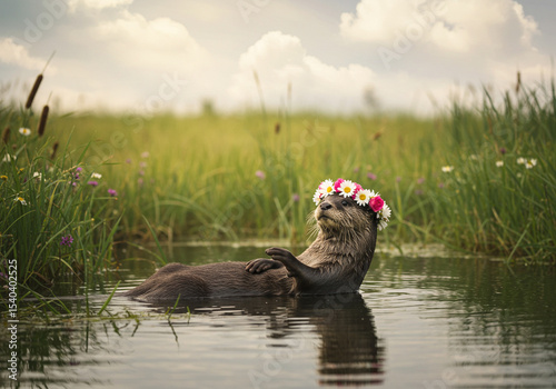 Otter wearing a flower crown in a tranquil pond