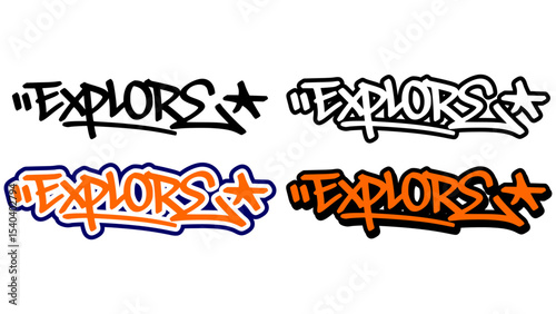 Graffiti tag vector of the word “EXPLORE” in bold street style with orange, black, and white. Includes 4 style variations. Perfect for hip hop visuals, stickers, and urban print media.