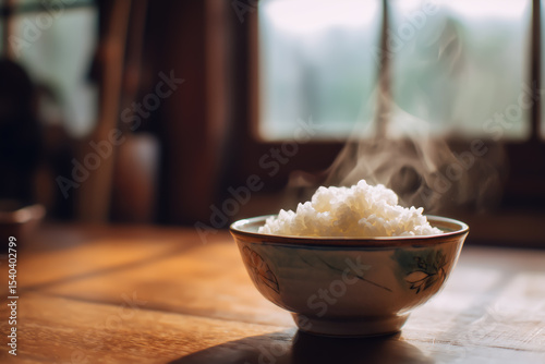 白く輝く炊きたてご飯。日本の米と日常の幸せを象徴する一杯