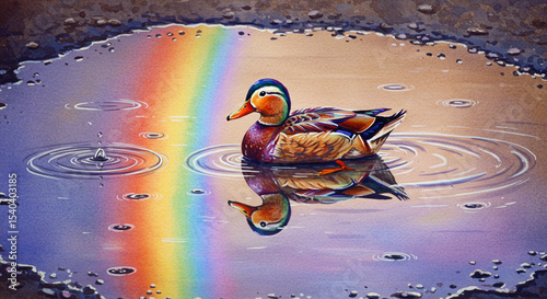 Mandarin Duck in Puddle with Rainbow Reflection - Watercolor Illustration