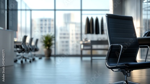 Modern empty corporate office with large windows and blurred cityscape view in background, featuring soft natural lighting and bokeh effect for business, workplace, or professional environment themes
