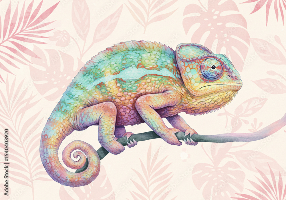 Fototapeta premium Pastel Chameleon on Tropical Leaves Illustration
