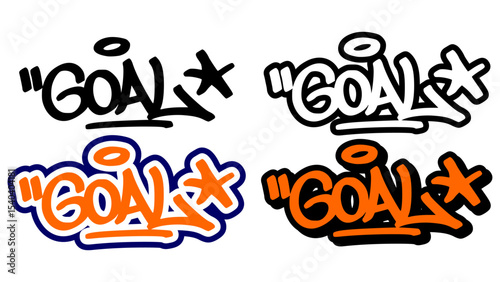 Graffiti tag vector of the word “GOAL” in bold street style with orange, black, and white. Includes 4 style variations. Ideal for hip hop visuals, stickers, and urban print artwork.