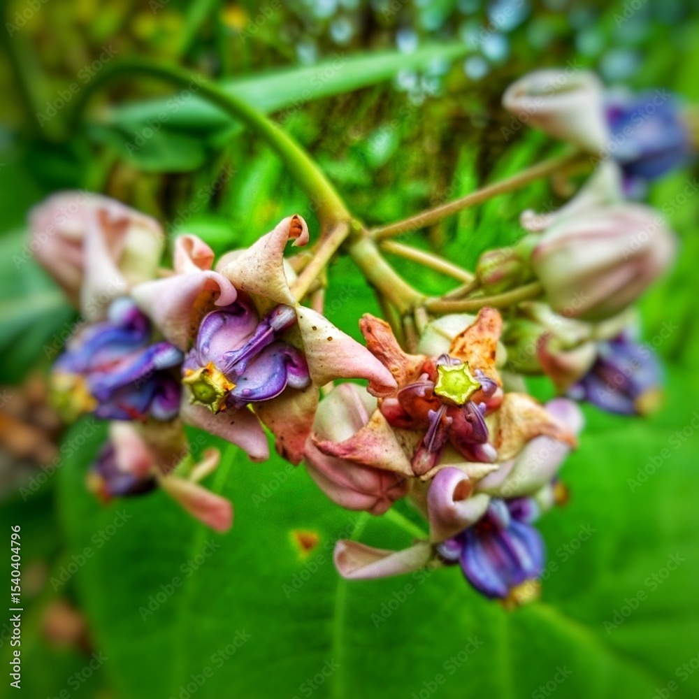 Obraz premium A close-up of a blooming Calotropis gigantea flower with soft purple and white petals, showcasing its unique crown-like shape amid green leaves in a serene natural setting. 