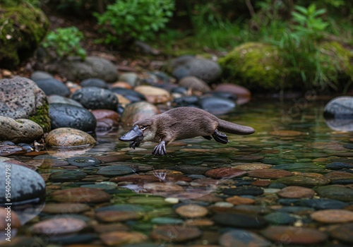 Platypus leaping over rocks in a creek