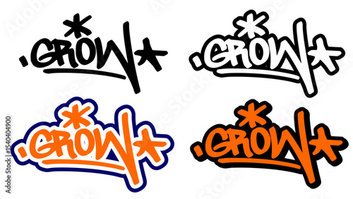 Graffiti tag vector of the word “GROW” in bold street style with orange, black, and white. Features 4 visual variations. Great for hip hop art, urban graphics, stickers, and motivational themes.