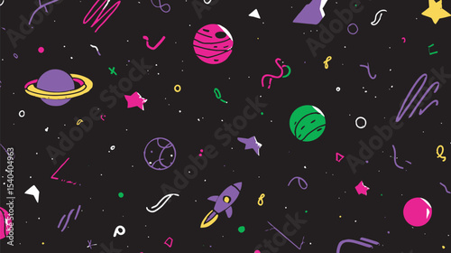Abstract planets float among stars creating cosmic backdrop in digital art