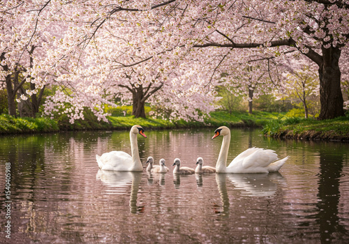 Photo of Swan Family in Cherry Blossom Trees