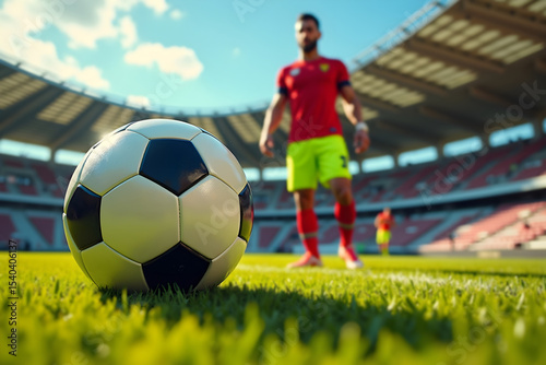 Dynamic football scene featuring a sharp foreground ball and blurred athlete on a bright stadium field, perfect for sports marketing