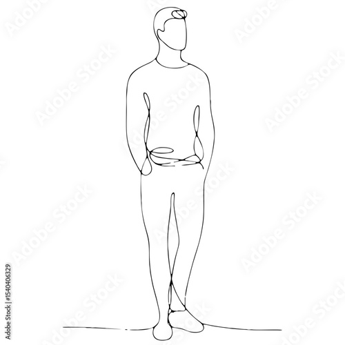 Detachment: man in theatrical pose expressing sadness and apathy — minimalist single black line drawing. One line art.