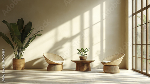 Wallpaper Mural serene minimalist interior featuring curved chairs, wooden table, and lush greenery Torontodigital.ca
