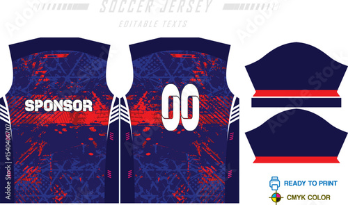 Sport jersey design template with grunge line halftone pattern background. Sport uniform in front & back view. Shirt mock up for sport club.