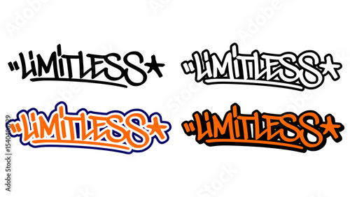 Graffiti tag vector of the word “LIMITLESS” in bold street style with orange, black, and white. Features 4 style variations. Ideal for hip hop art, urban graphics, and motivational design.