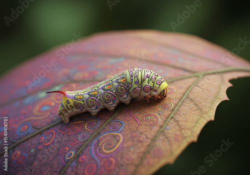Psychedelic Caterpillar on Ornate Leaf: 3D Render