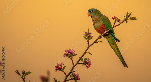Red-rumped Parrot on Blossom Branch at Sunset Photo