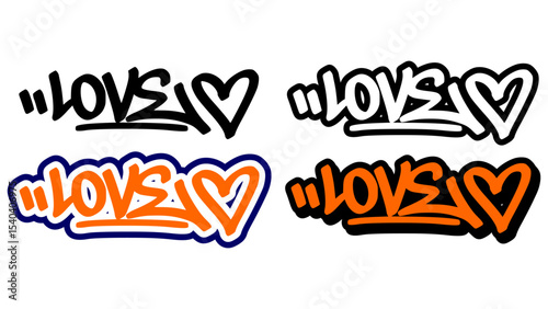 Graffiti tag vector of the word “LOVE” in bold street style with orange, black, and white. Features 4 unique styles. Great for hip hop artwork, stickers, urban prints, and emotional visuals.