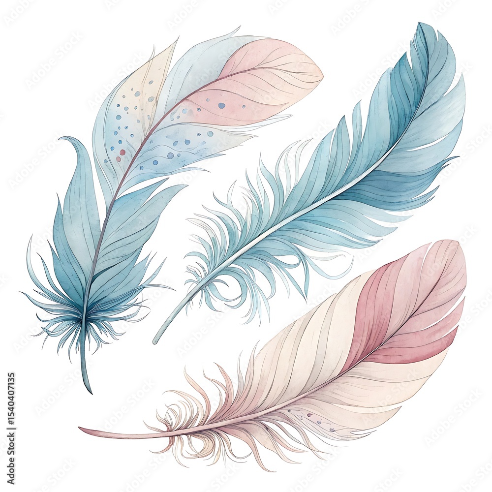 Obraz premium Elegant Watercolor Feather Collection in Hand-Drawn Style White Background