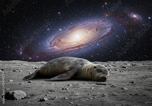 Sleeping Seal on the Moon with Galaxy Background: Surreal Stock Photo
