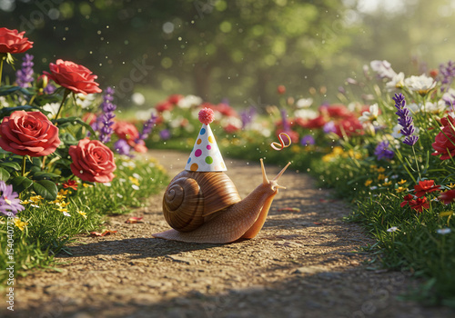 Snail in Party Hat on Garden Path - 3D Render