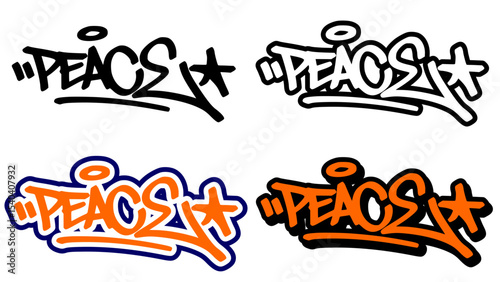 Graffiti tag vector of the word “PEACE” in bold street style with orange, black, and white. Features 4 unique styles. Great for hip hop visuals, urban graphics, and peaceful expression design.