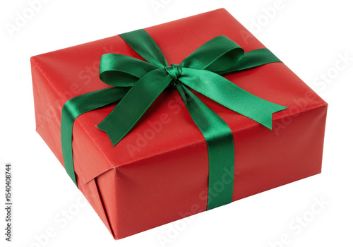 Isolated Red Gift Wrapped with Green Ribbon, Festive