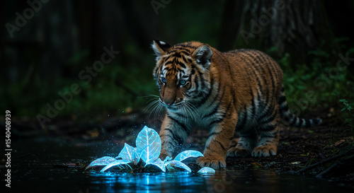 Tiger Cub Encountering Glowing Plants: Fantasy Wildlife Photo
