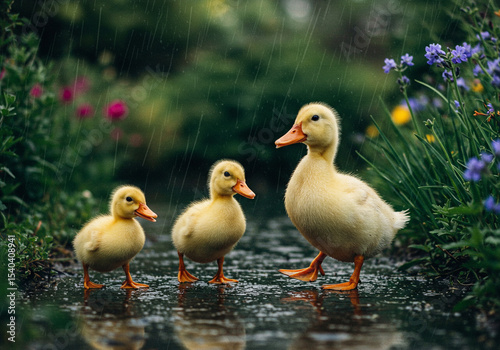 Three Cute Ducklings Walking in the Rain Photo