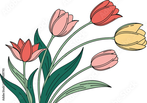 Hand Drawn Tulip Flower Illustration with Elegant Petals. Beautiful Tulip Bloom Artwork for Floral Design Projects. Colorful Tulip Flower Drawing Perfect for Spring Themes. Minimalist Tulip Flower